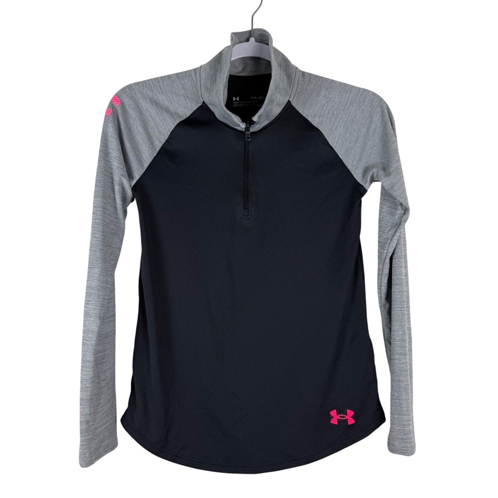 Under Armour Girls L Tech Graphic 1/4 Zip Black Gray Pink Activewear Pullover